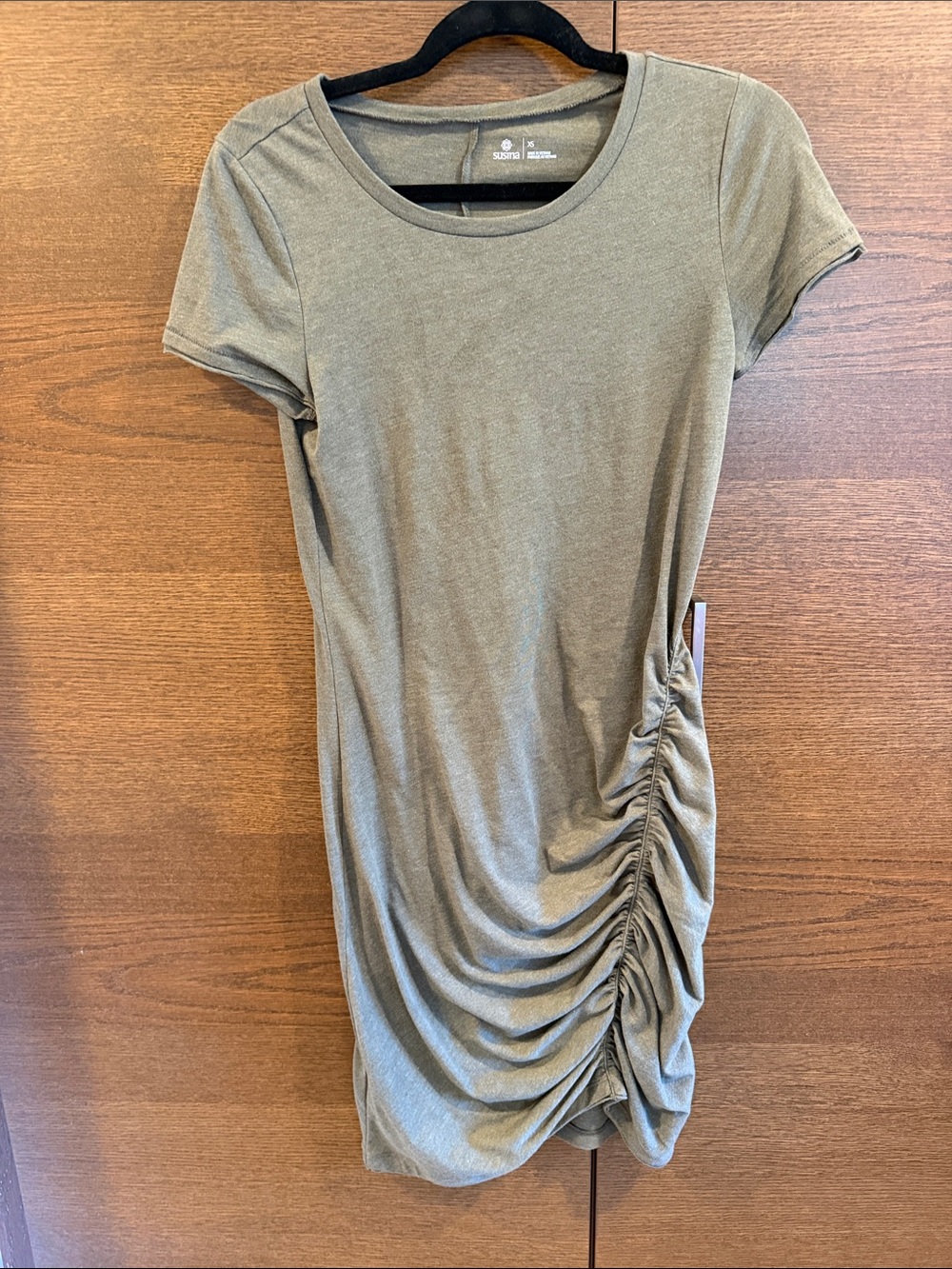 Susina Olive Ruched-Side Short Sleeve Mini Dress